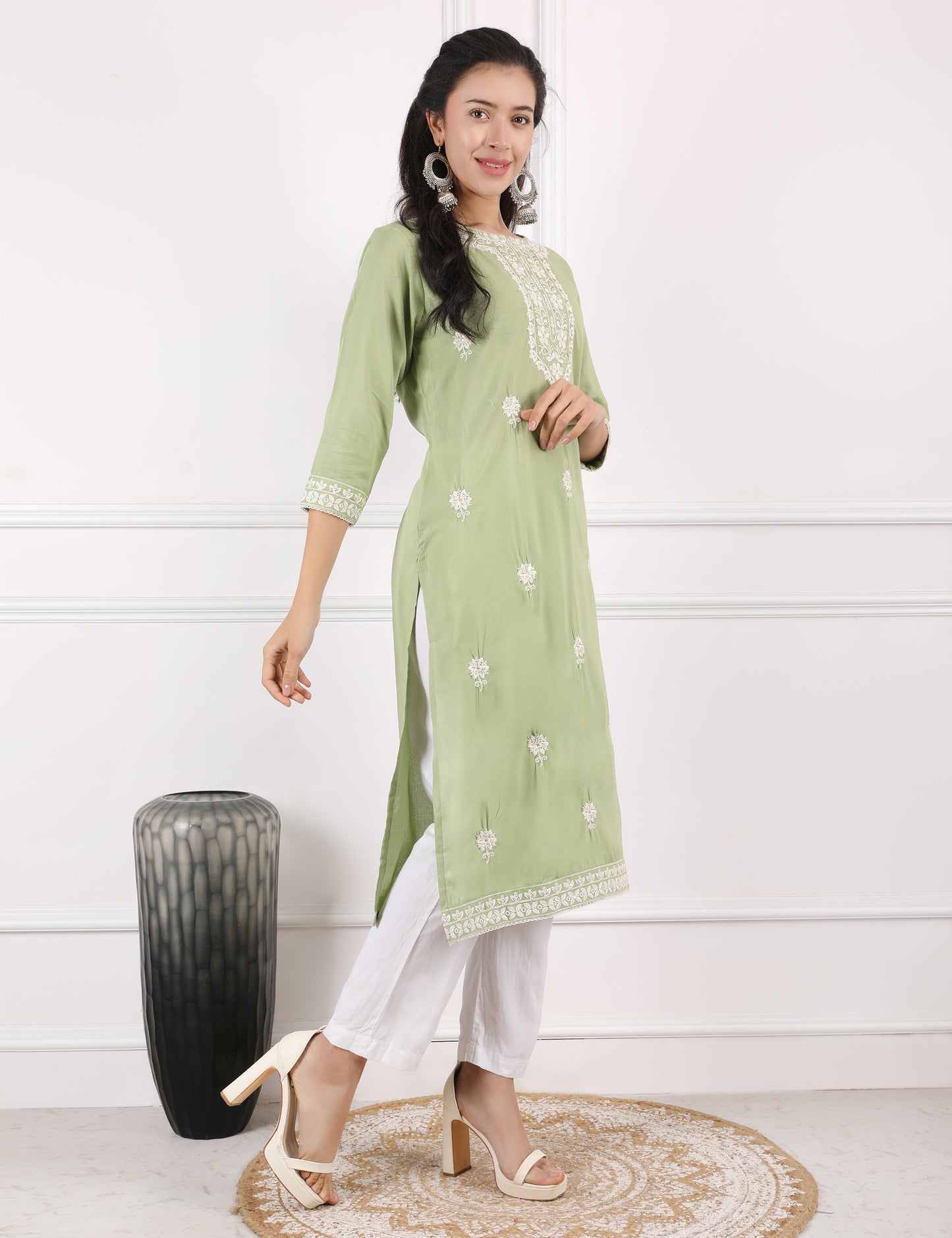 PASTEL GREEN REYON CHIKAN WORK KURTI