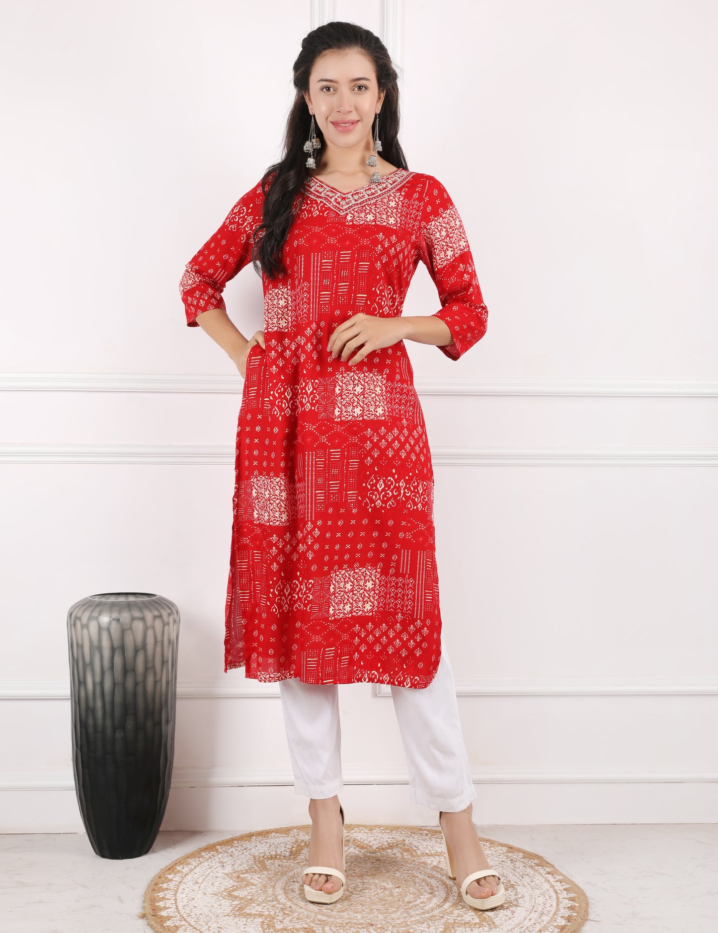 RED COTTON PRINT KURTI