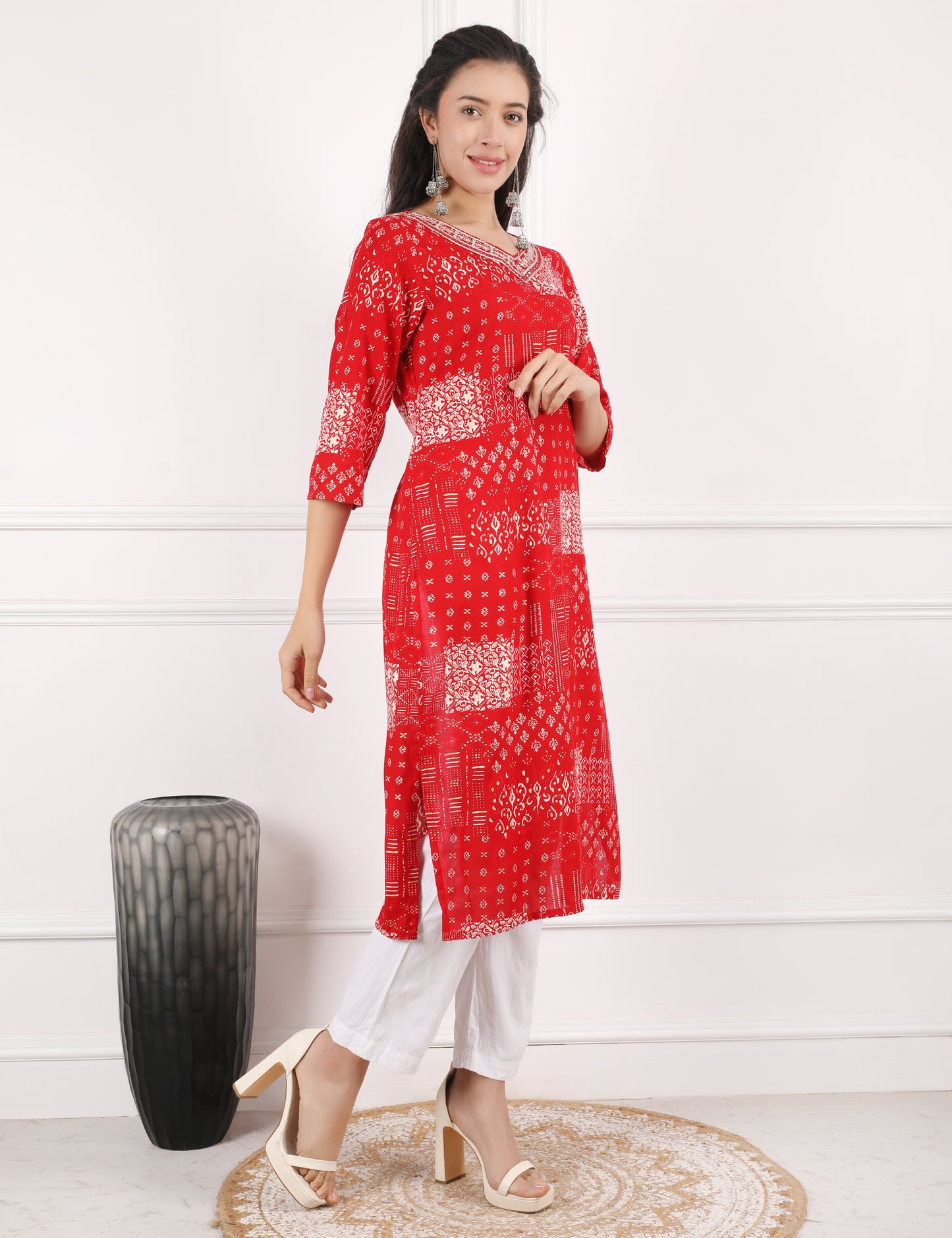 RED COTTON PRINT KURTI