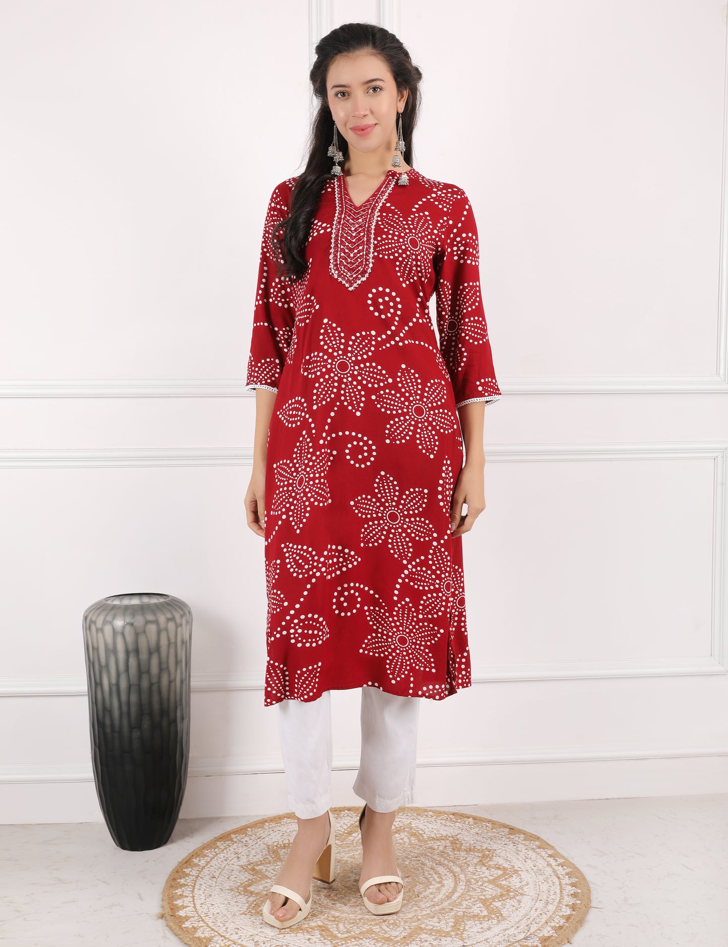 DEEP RED REYON PRINT KURTI