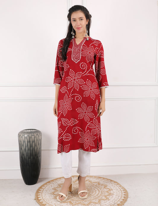 DEEP RED REYON PRINT KURTI
