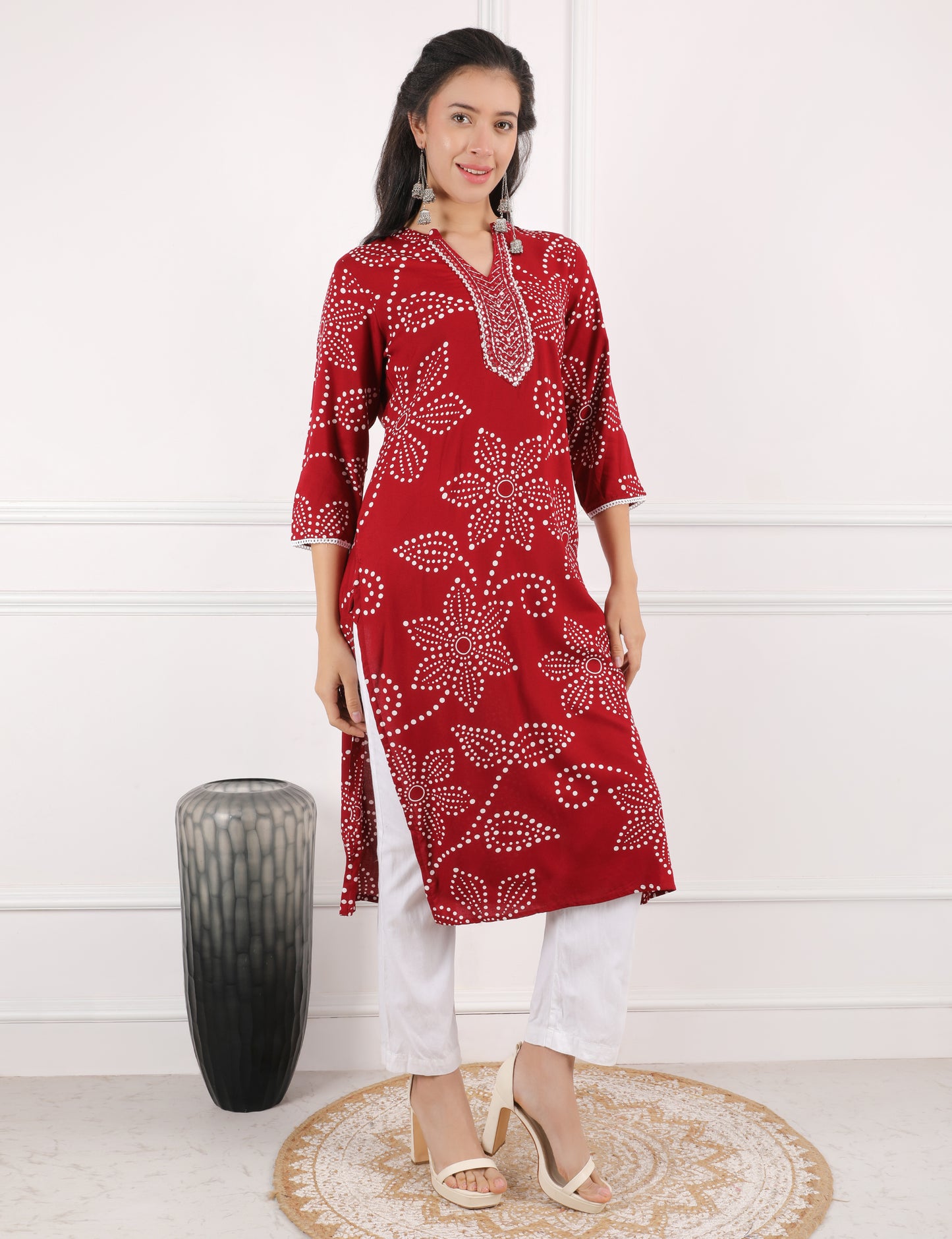 DEEP RED REYON PRINT KURTI