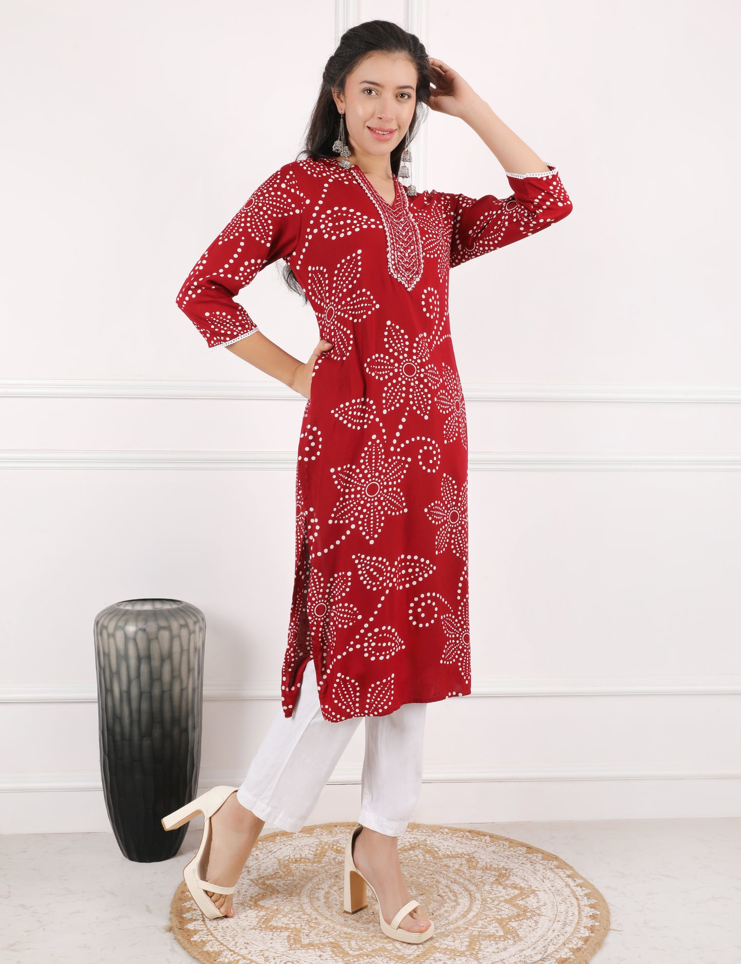 DEEP RED REYON PRINT KURTI