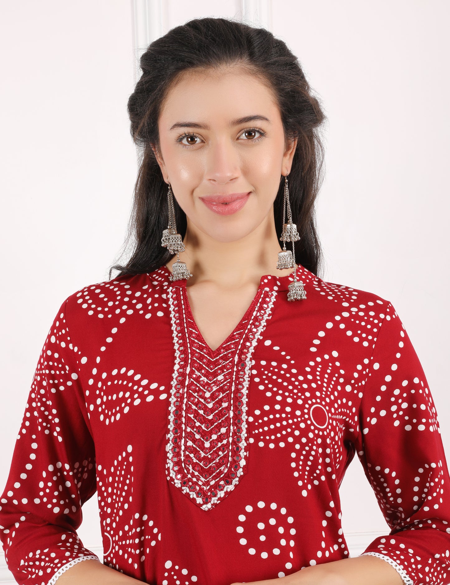 DEEP RED REYON PRINT KURTI