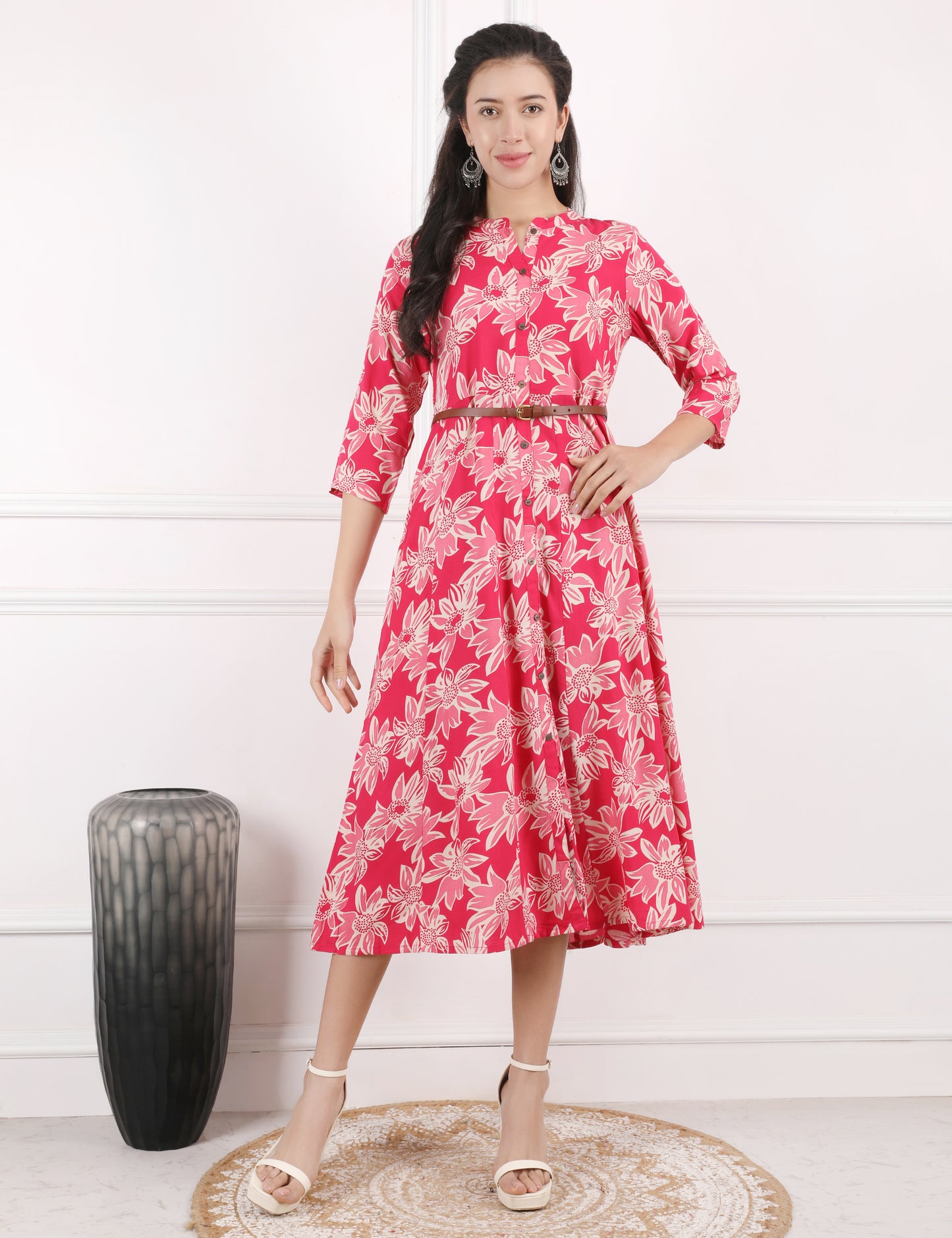 CORAL PINK COTTON PRINT DRESS