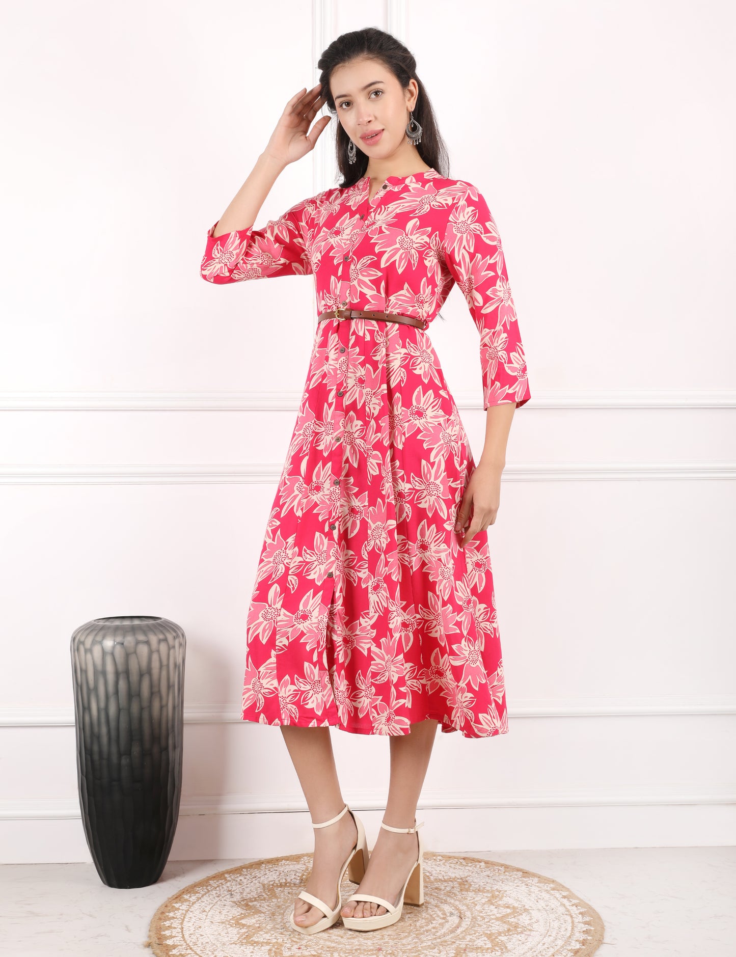 CORAL PINK COTTON PRINT DRESS