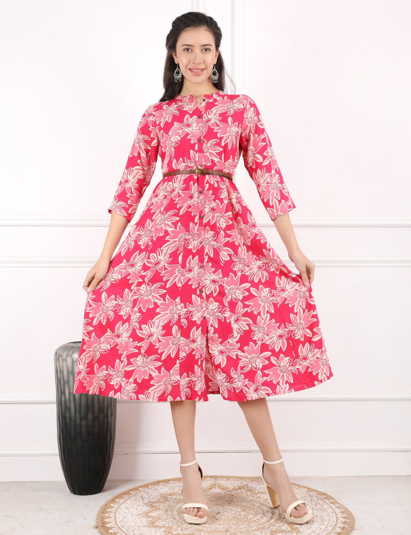 CORAL PINK COTTON PRINT DRESS