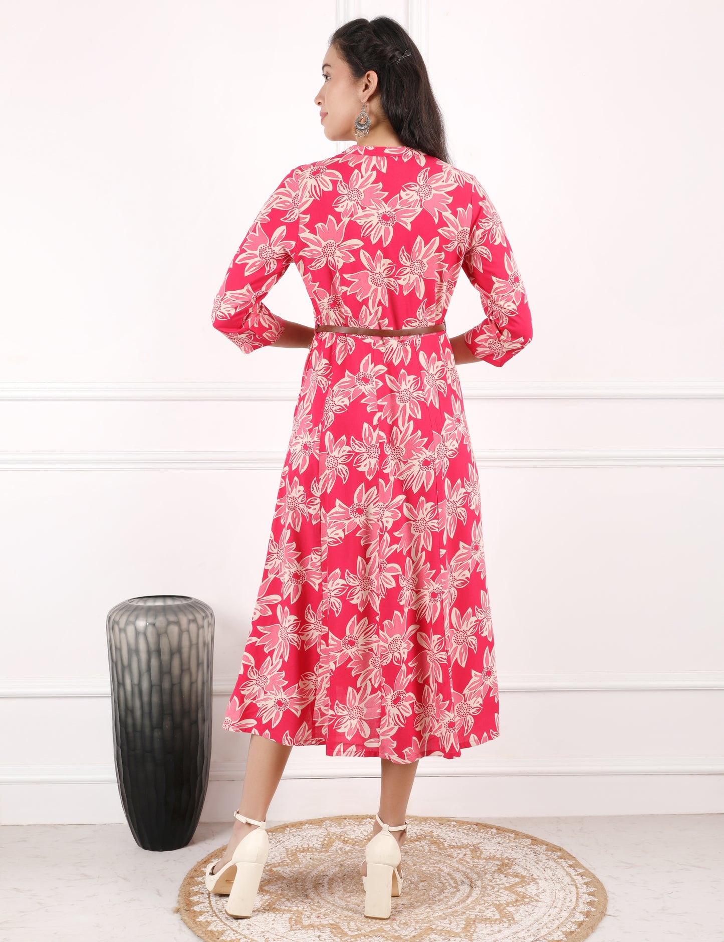 CORAL PINK COTTON PRINT DRESS