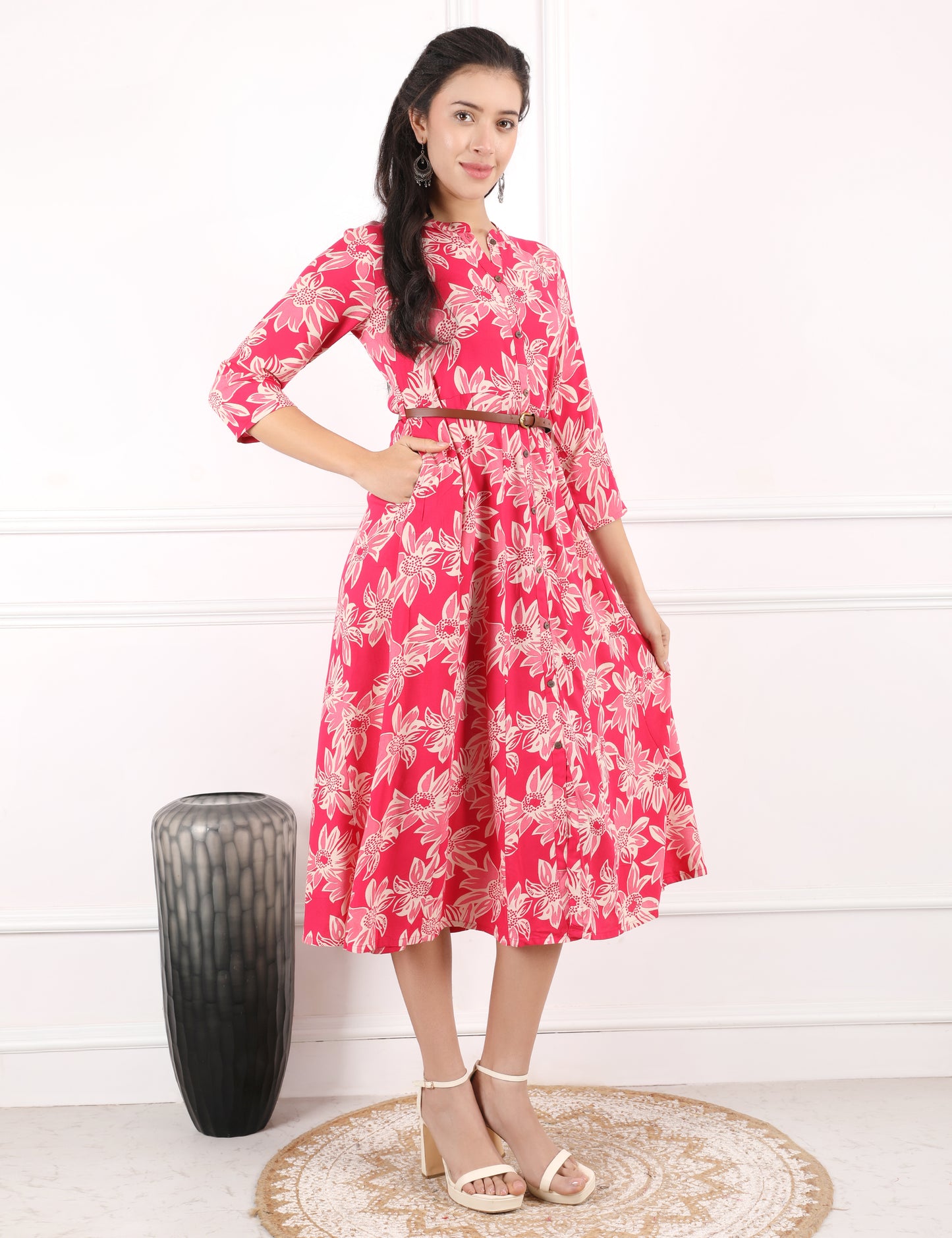 CORAL PINK COTTON PRINT DRESS