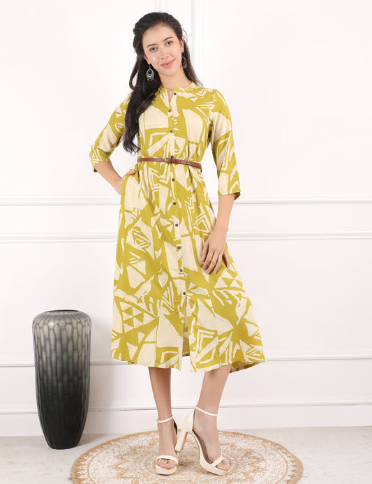 OLIVE COTTON PRINT DRESS