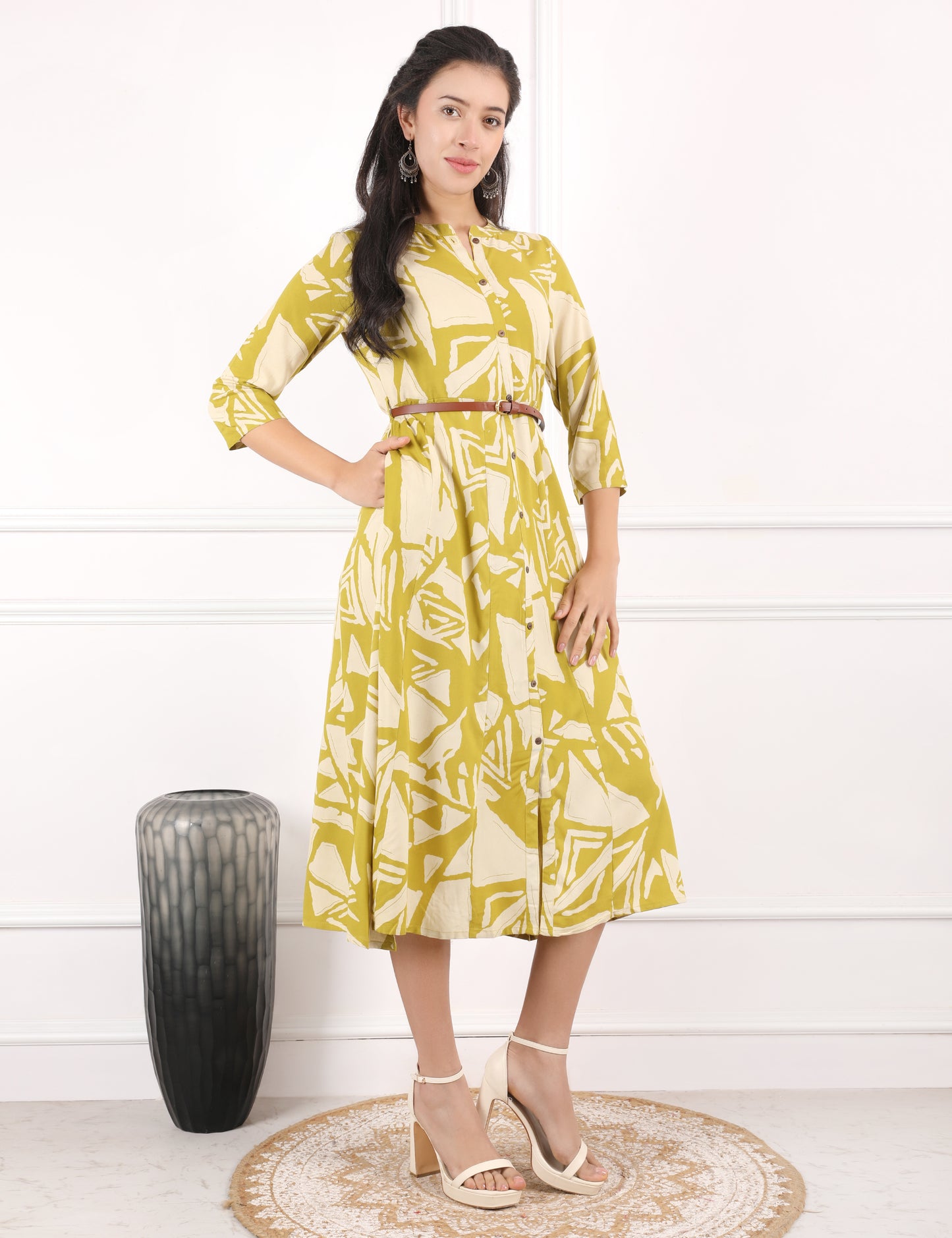 OLIVE COTTON PRINT DRESS