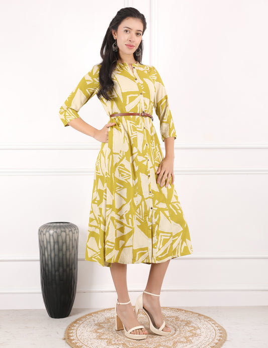 OLIVE COTTON PRINT DRESS