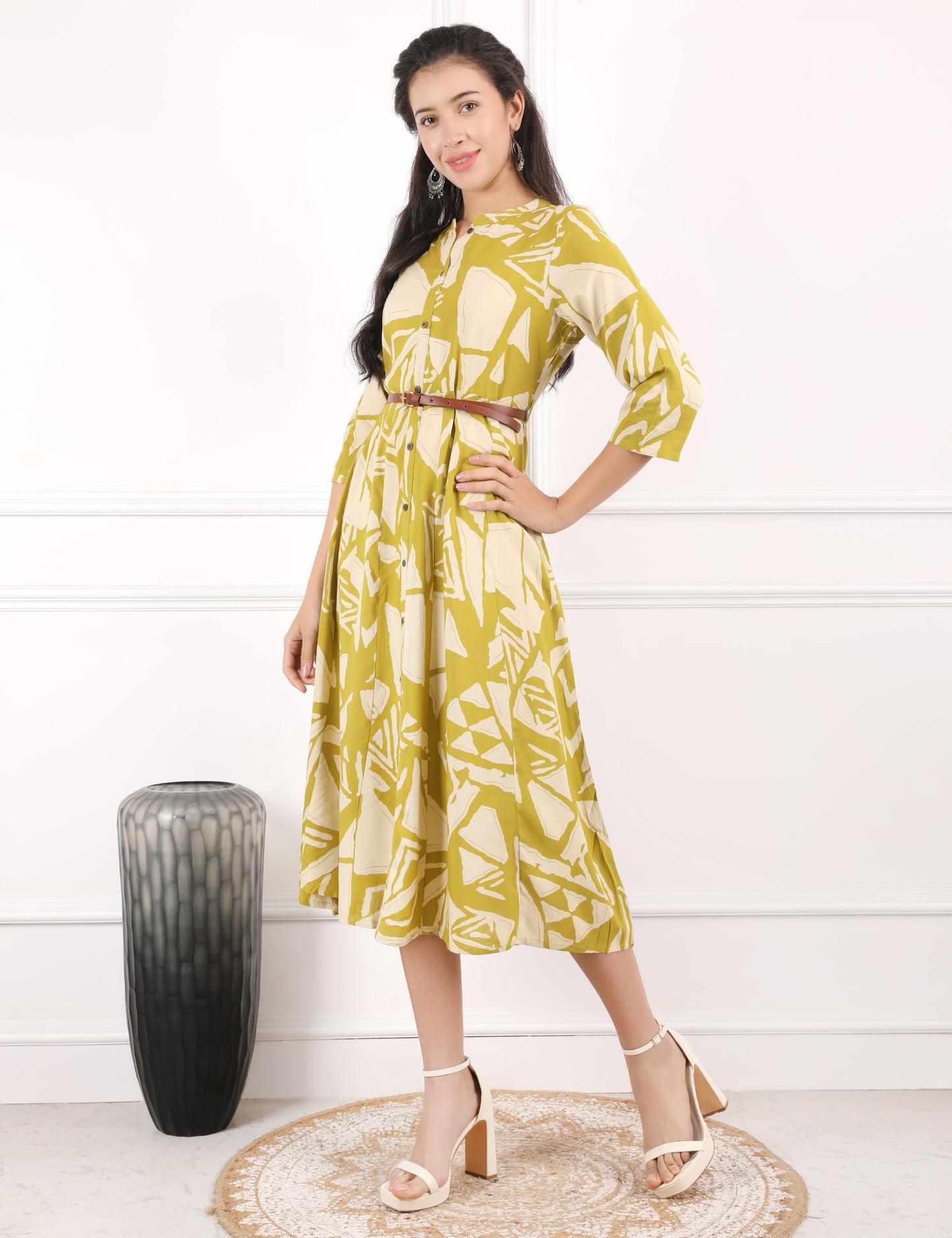 OLIVE COTTON PRINT DRESS