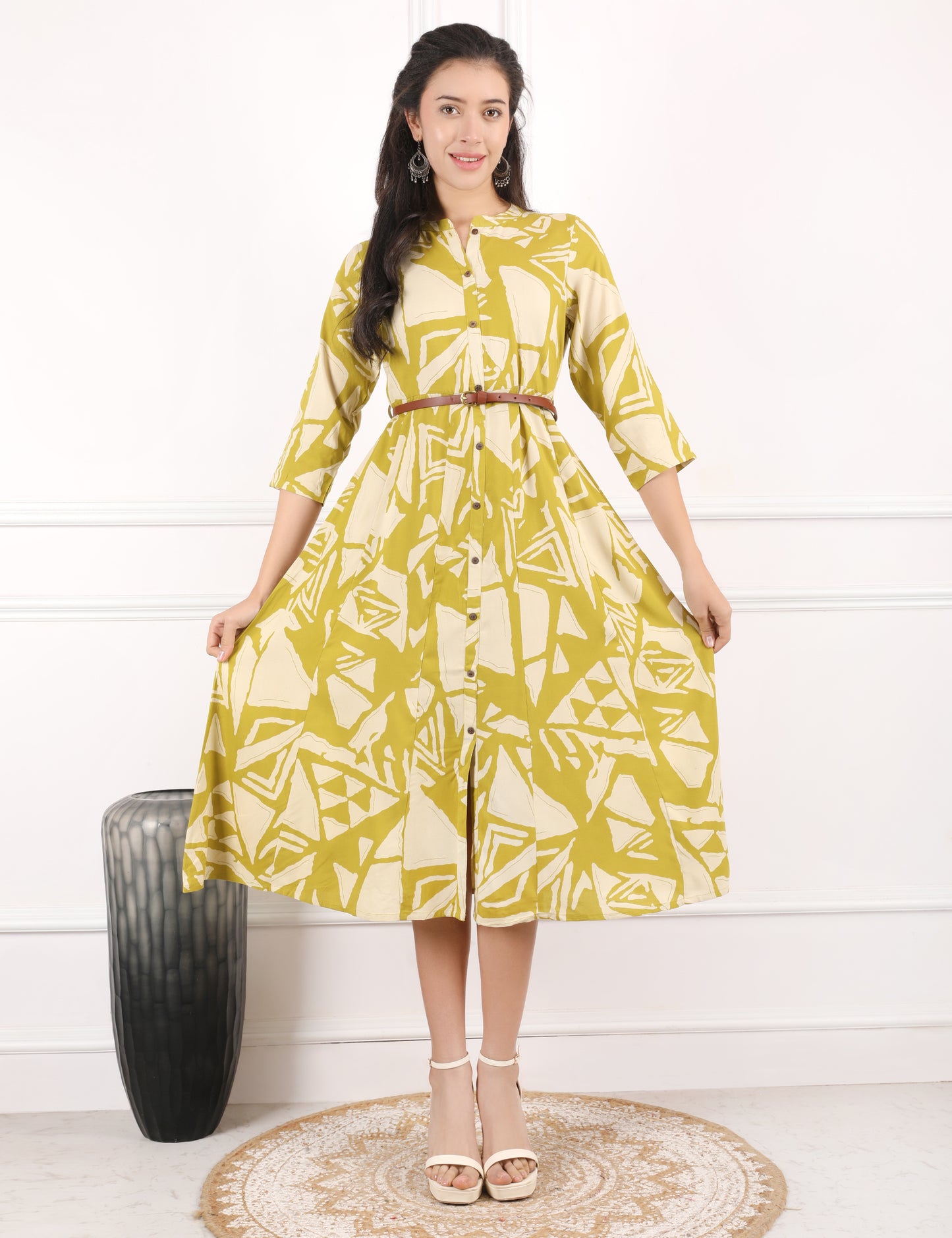 OLIVE COTTON PRINT DRESS