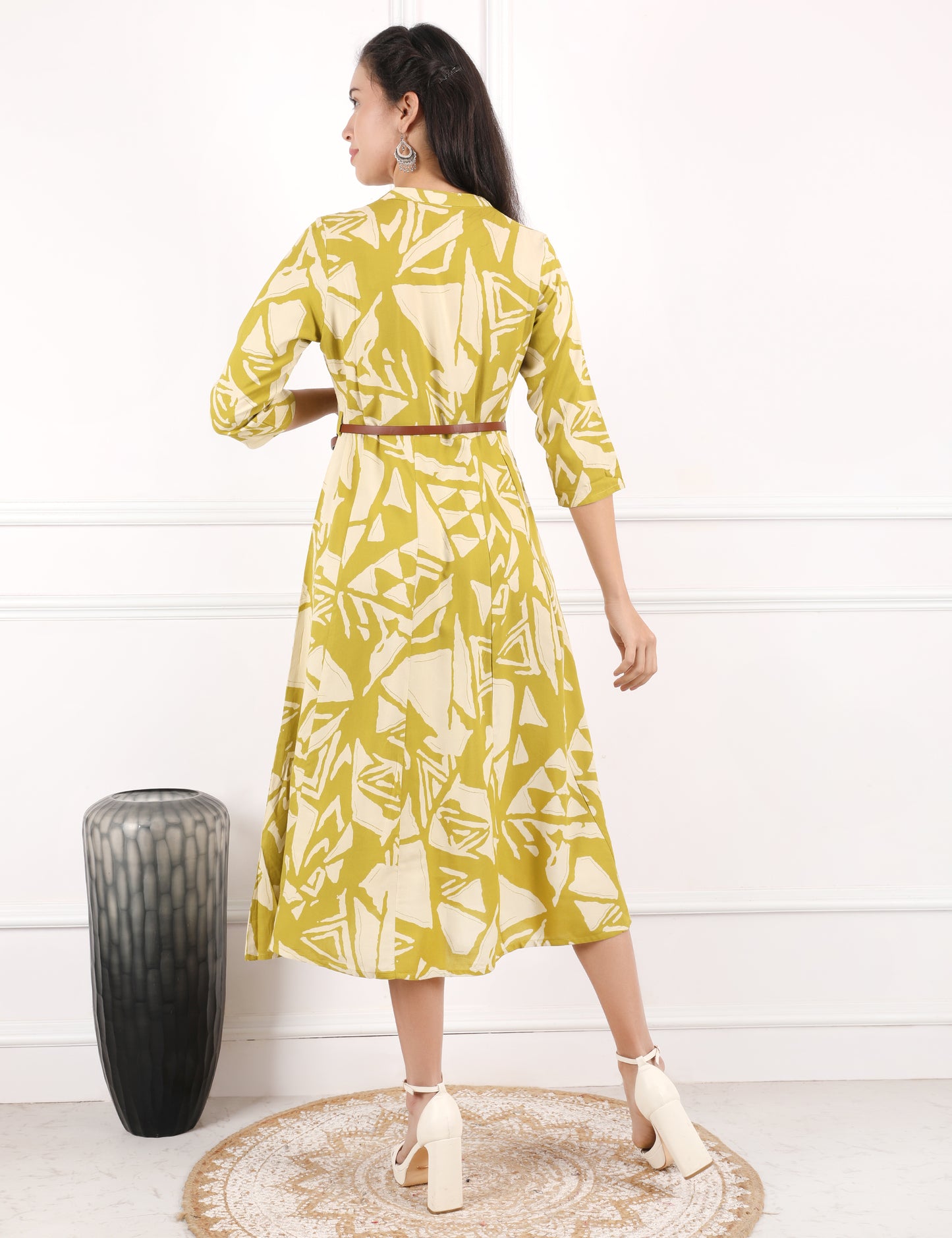 OLIVE COTTON PRINT DRESS