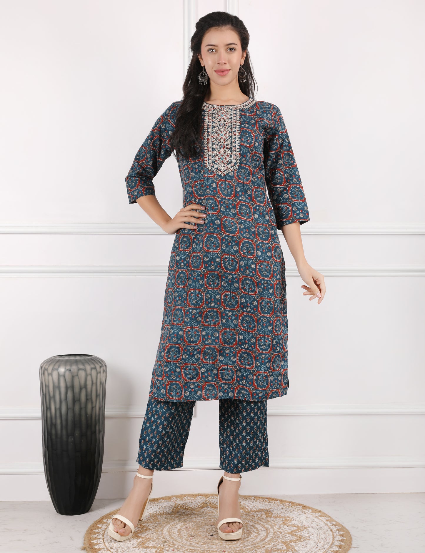 TEAL BLUE COTTON PRINT STARIGHT SUIT