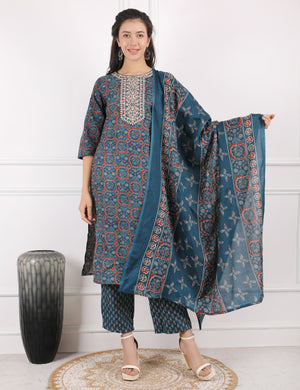 TEAL BLUE COTTON PRINT STARIGHT SUIT