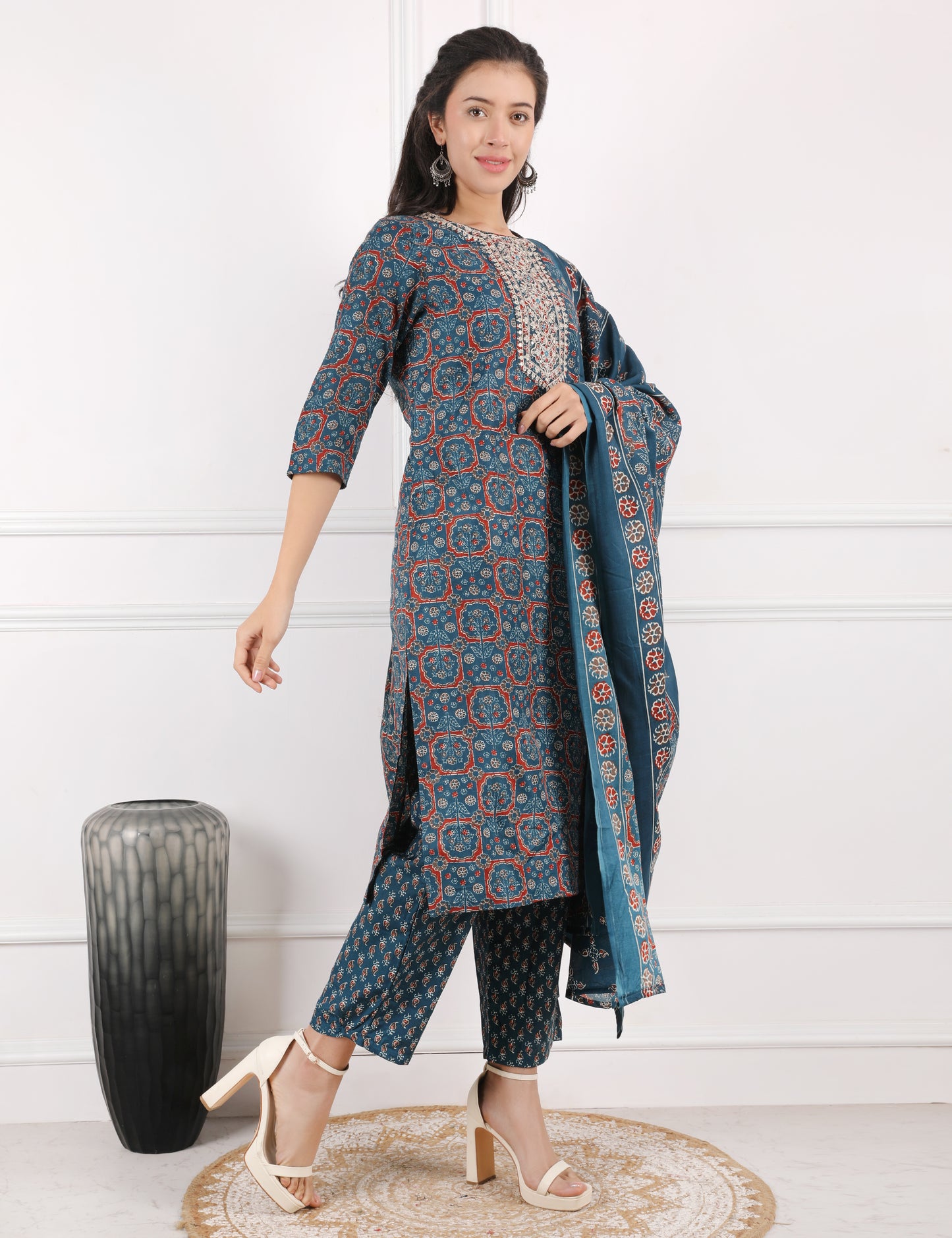 TEAL BLUE COTTON PRINT STARIGHT SUIT