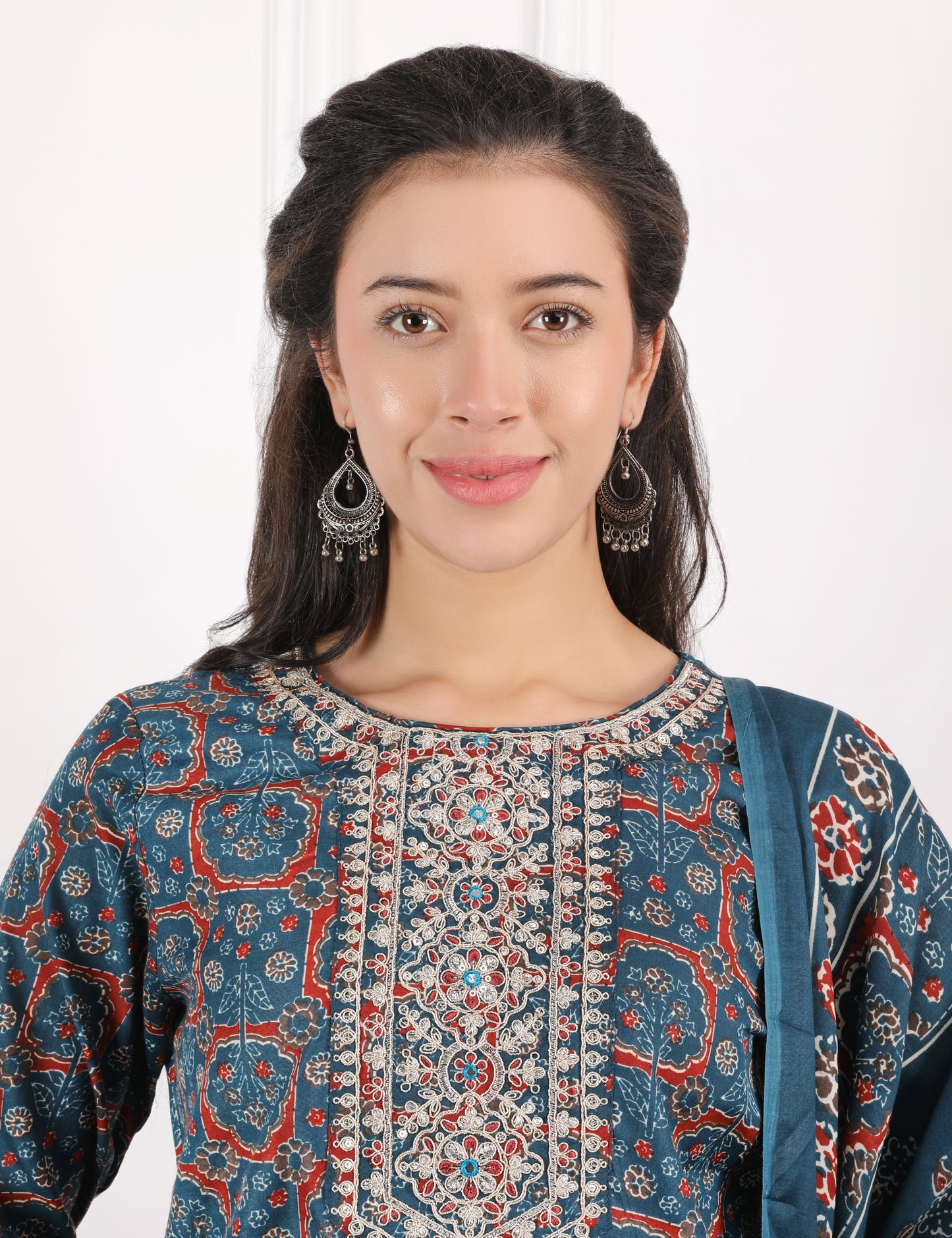 TEAL BLUE COTTON PRINT STARIGHT SUIT