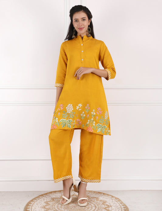 YELLOW COTTON EMB CO ORD SET