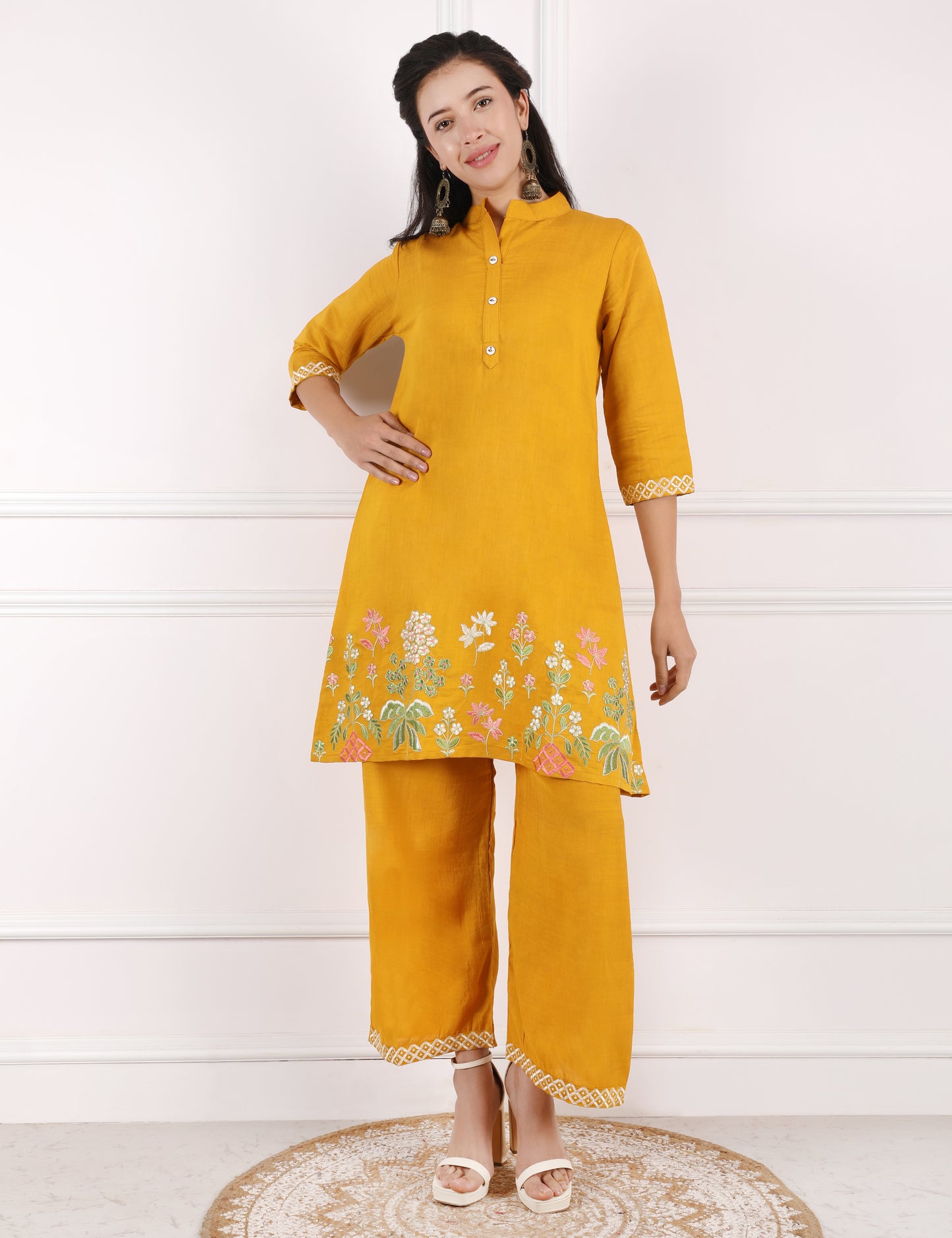 YELLOW COTTON EMB CO ORD SET