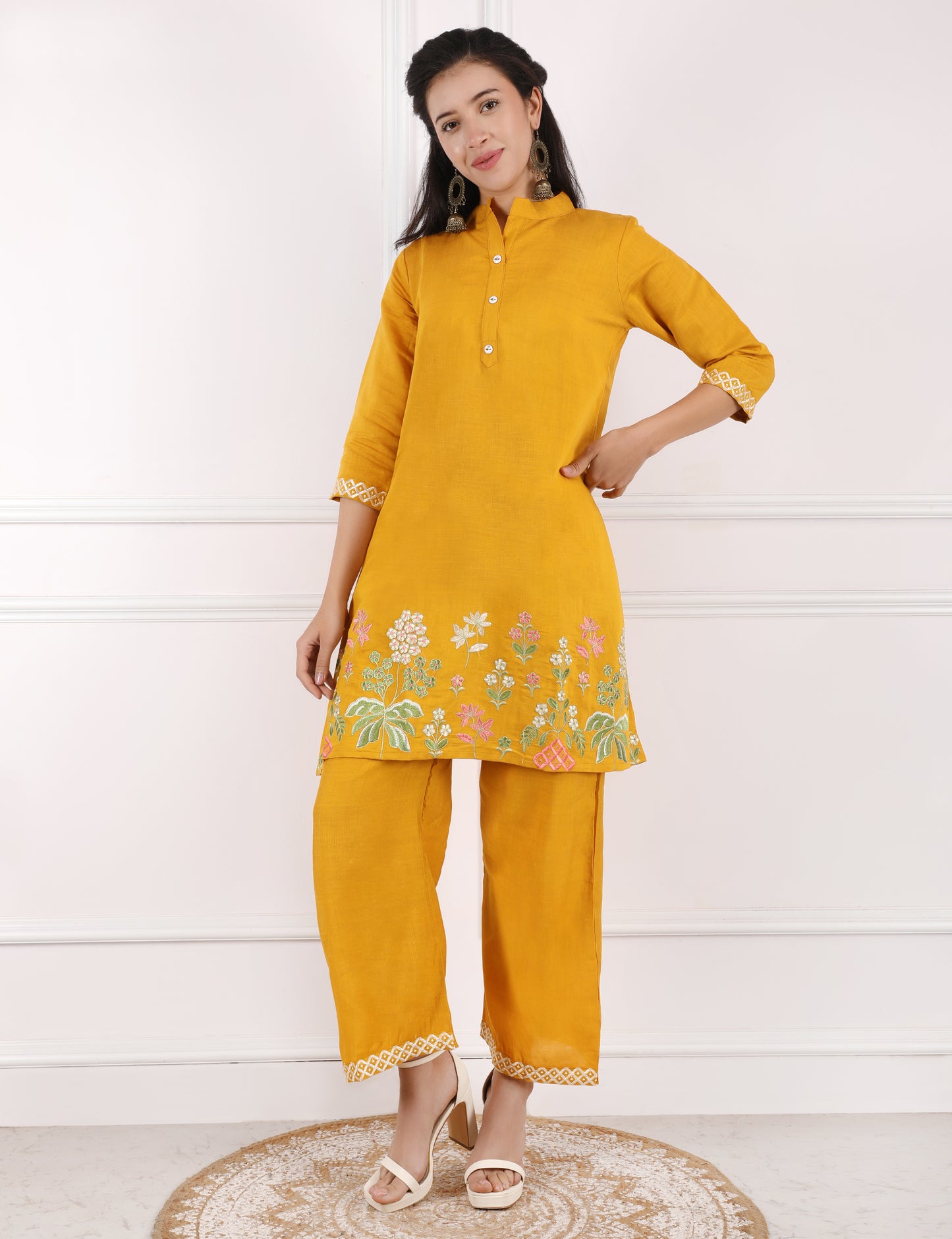 YELLOW COTTON EMB CO ORD SET