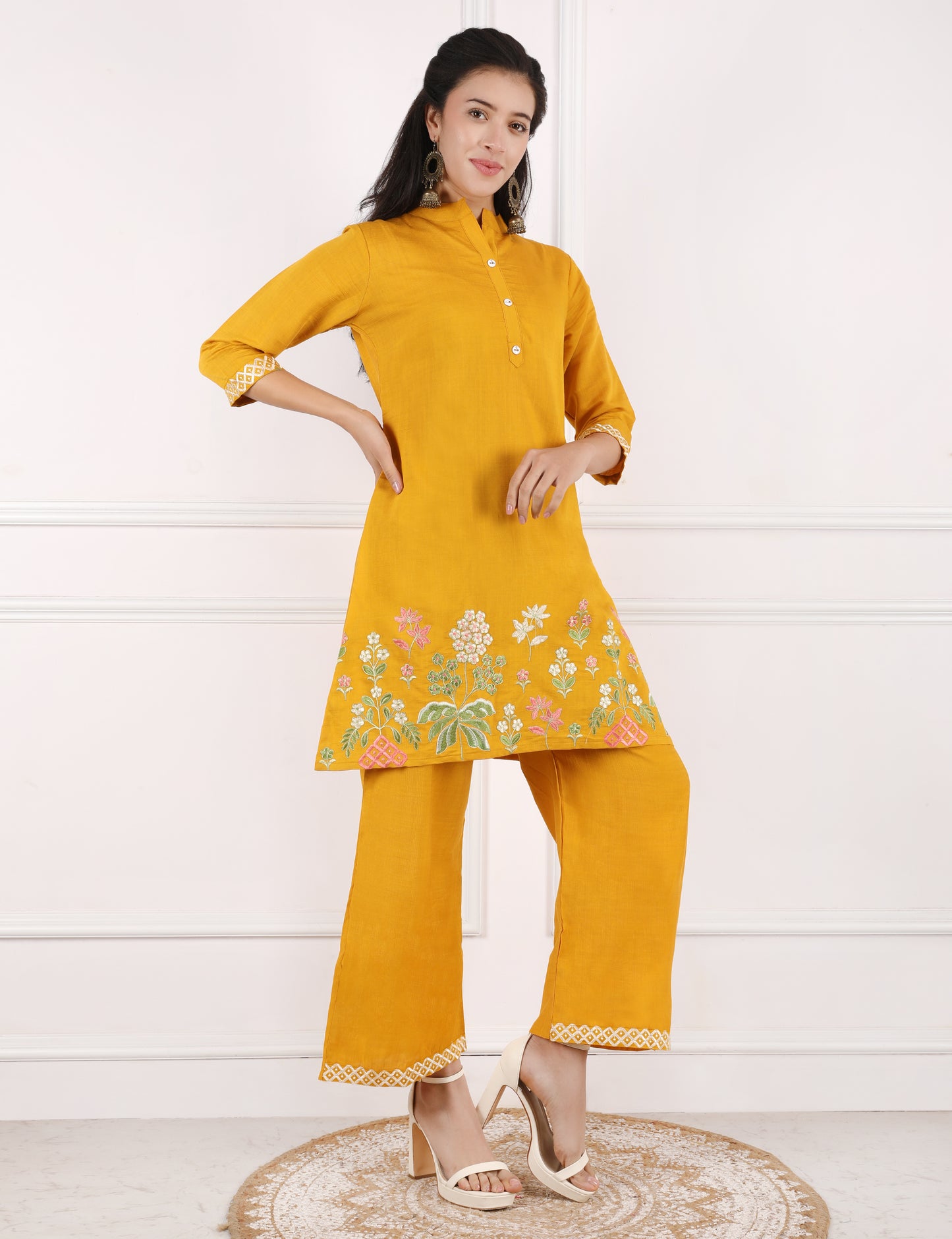YELLOW COTTON EMB CO ORD SET
