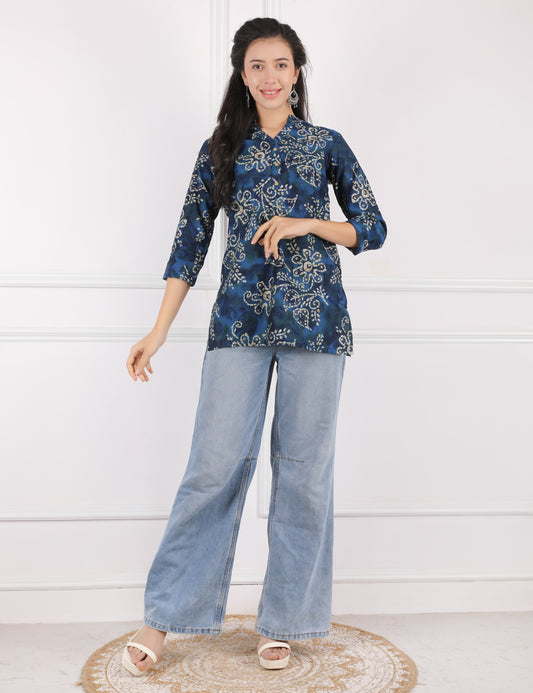 NAVY BLUE COTTON PRINT SHORT KURTI