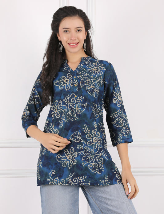 NAVY BLUE COTTON PRINT SHORT KURTI