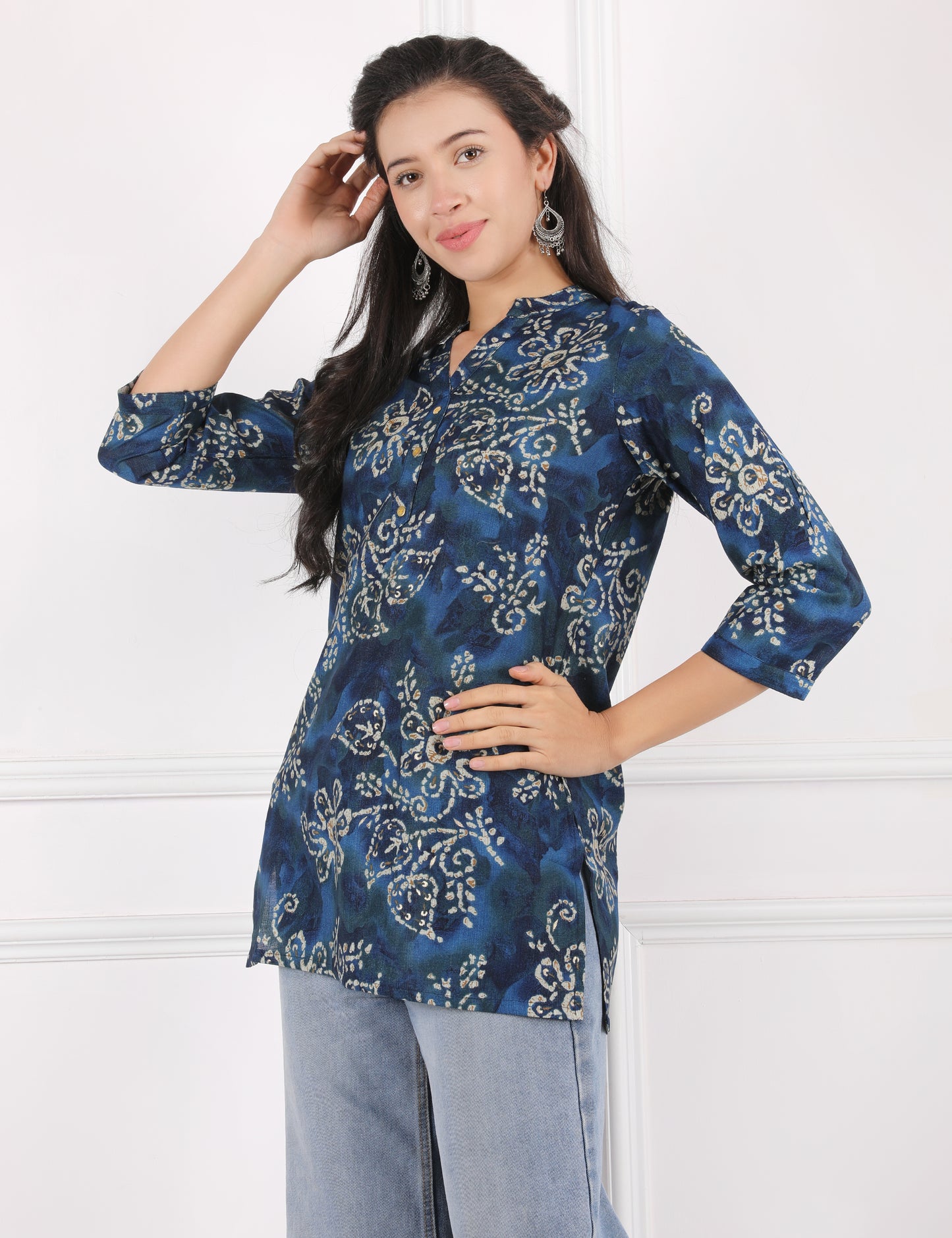 NAVY BLUE COTTON PRINT SHORT KURTI