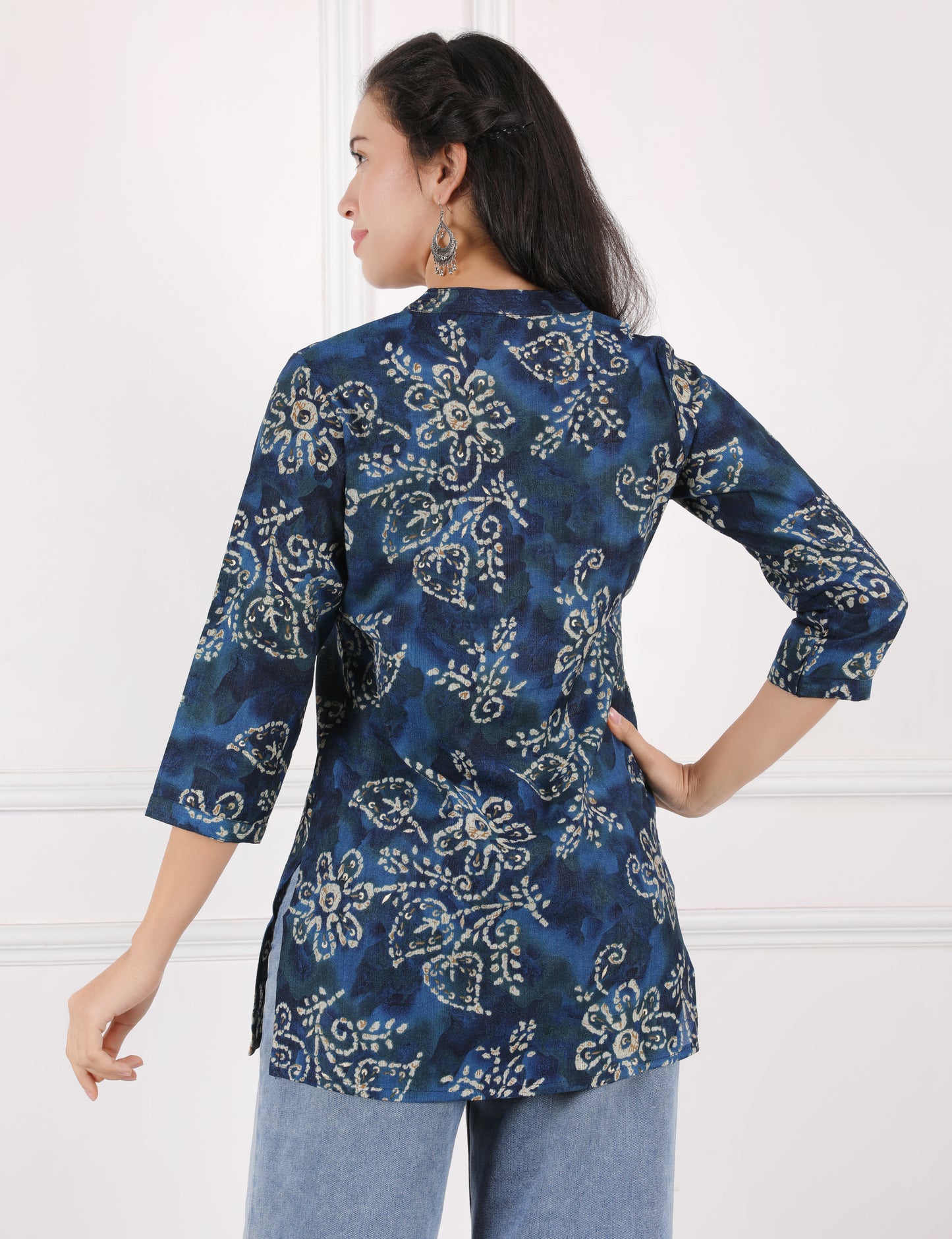 NAVY BLUE COTTON PRINT SHORT KURTI